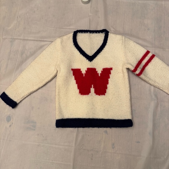 Vintage Toddler Varsity Sweater Handmade Knit, Cream with Red “W,” Navy Trim - Picture 4 of 8